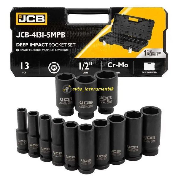 Набір головок ударних глибоких 1/2'' (6-гр.), 10-32 мм, 13 од. в кейсі JCB Tools JCB-4131-5MPB JCB-4131-5MPB фото