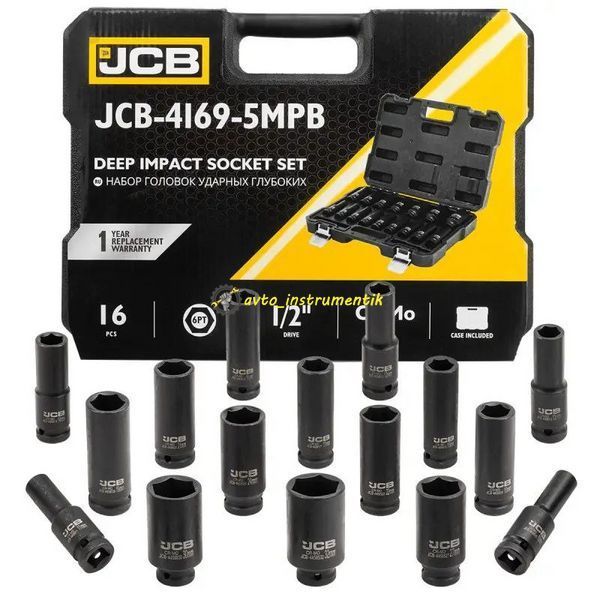 Набір головок ударних глибоких 1/2'' (6-гр.), 10-32 мм, 16 од. в кейсі JCB Tools JCB-4169-5MPB JCB-4169-5MPB фото